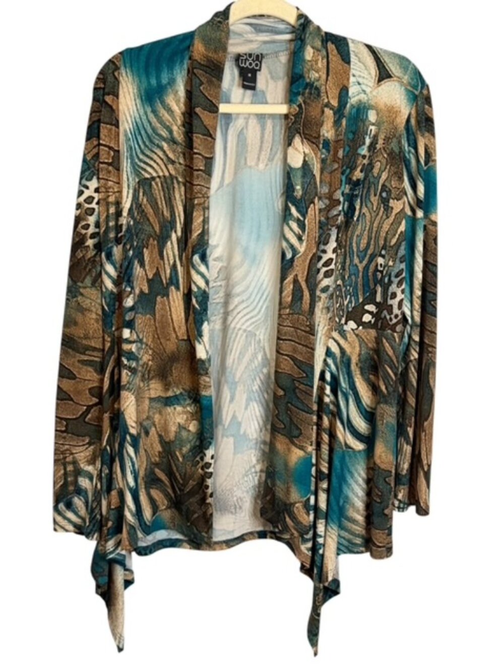Clara Sun Woo Cardigan Women's Medium Abstract Front Drape Cascade Brown Green